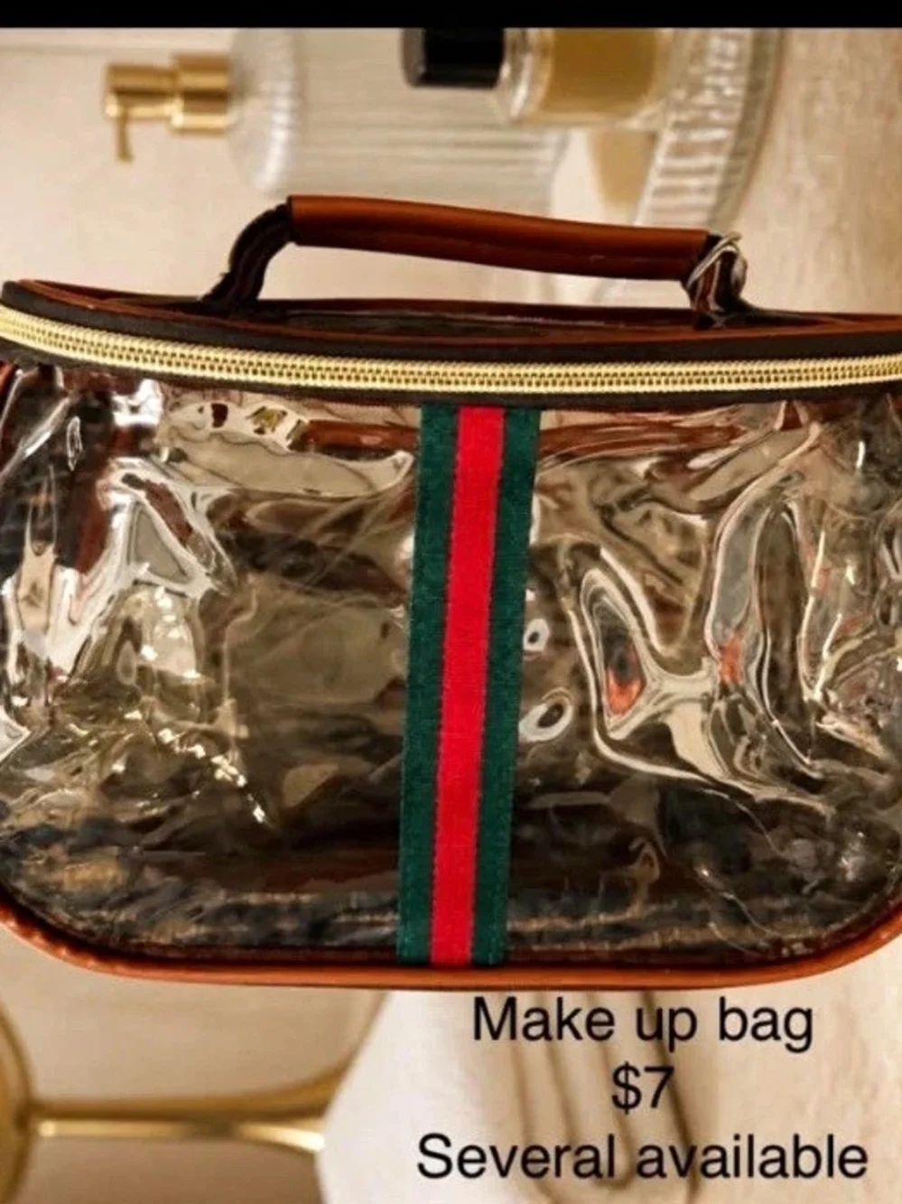 Clear Plastic Makeup Bag w/ Zipper Handle Red/Green Stripe Brown Trim